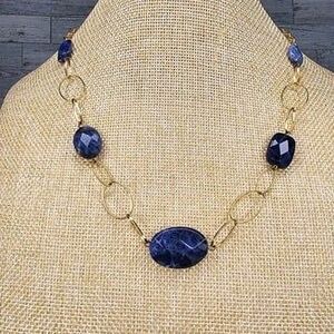 a.v. max Blue Lapis Lazuli Station Beads & Gold Tone Circle Links Necklace 17.5"
